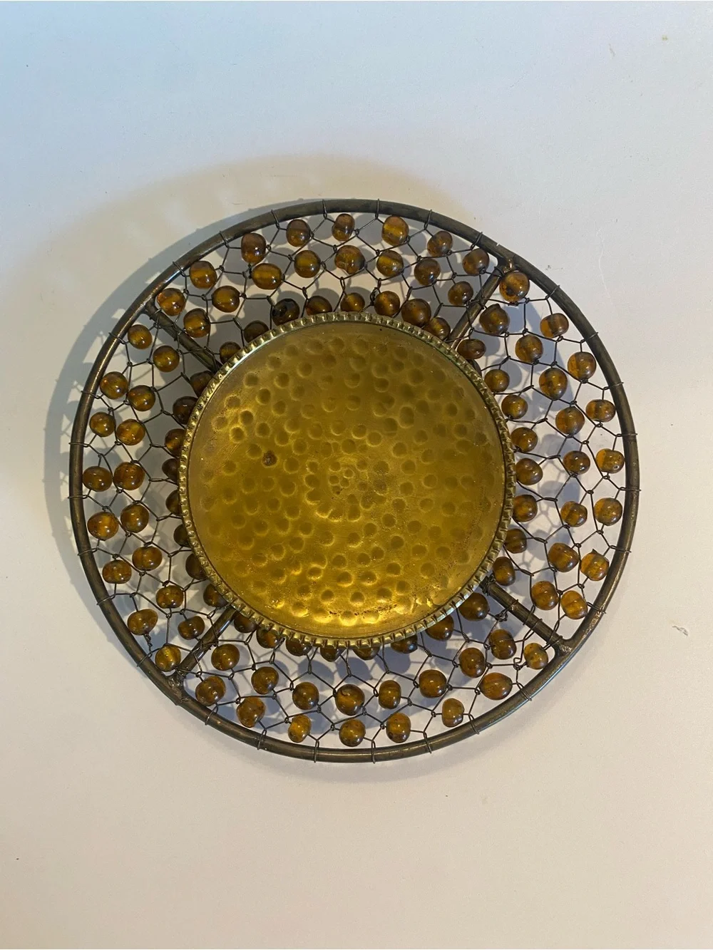 Vintage Amber Glass Bead & Wire Mesh Pillar Candle Holder Hammered Brass Well